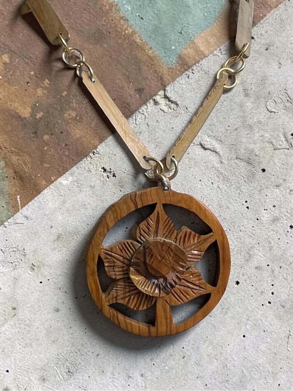 Vintage Carved Wood Floral Statement Necklace Wood Link Chain